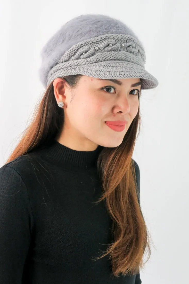 หมวกไหมพรมถักขนกระต่าย บุขนด้านใน  - Fleece Lining Winter Rabbit Hair Kintted Cap with Visor