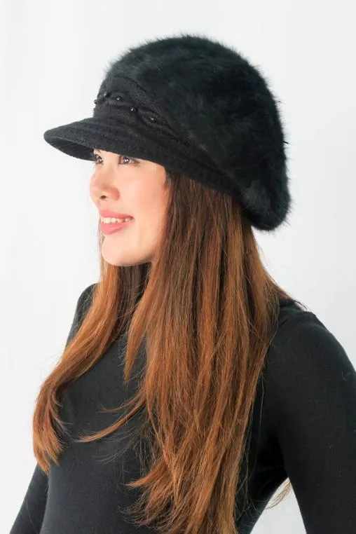 หมวกไหมพรมถักขนกระต่าย บุขนด้านใน  - Fleece Lining Winter Rabbit Hair Kintted Cap with Visor