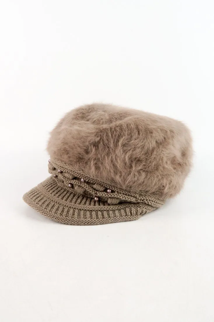 หมวกไหมพรมถักขนกระต่าย บุขนด้านใน  - Fleece Lining Winter Rabbit Hair Kintted Cap with Visor