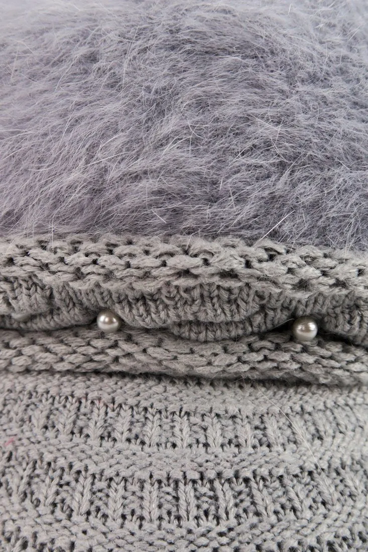 หมวกไหมพรมถักขนกระต่าย บุขนด้านใน  - Fleece Lining Winter Rabbit Hair Kintted Cap with Visor