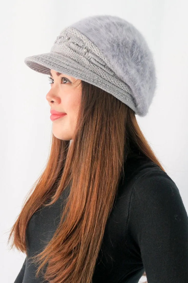 หมวกไหมพรมถักขนกระต่าย บุขนด้านใน  - Fleece Lining Winter Rabbit Hair Kintted Cap with Visor