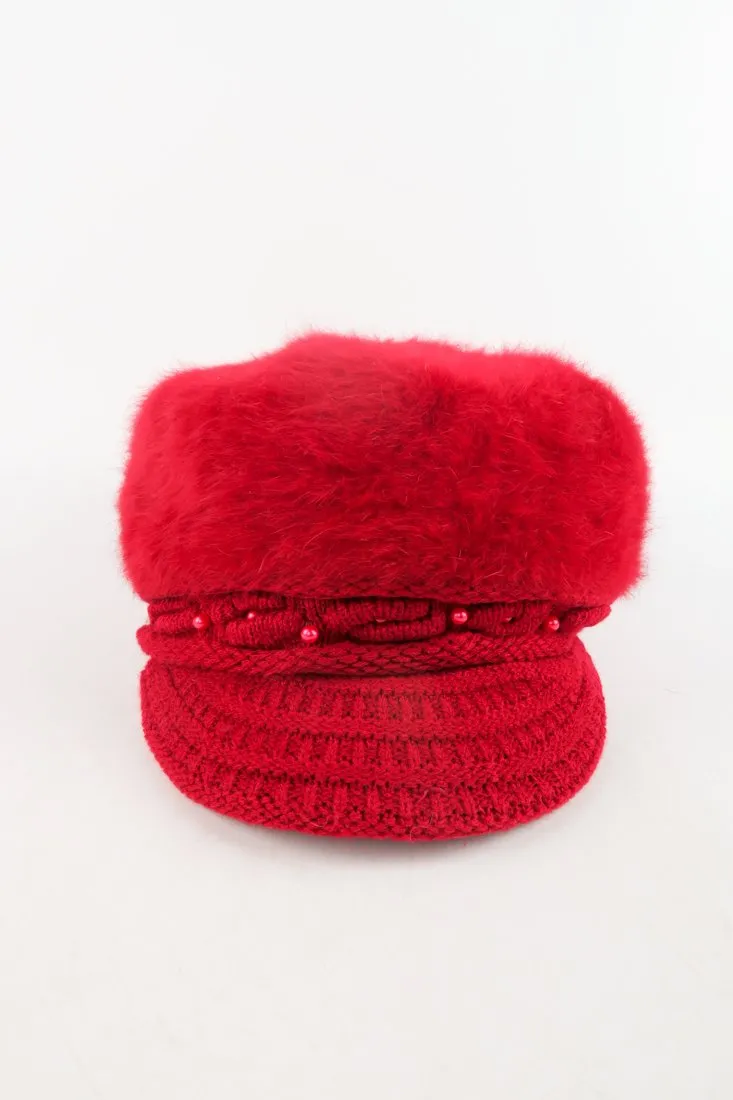 หมวกไหมพรมถักขนกระต่าย บุขนด้านใน  - Fleece Lining Winter Rabbit Hair Kintted Cap with Visor