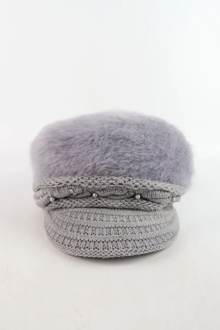 หมวกไหมพรมถักขนกระต่าย บุขนด้านใน  - Fleece Lining Winter Rabbit Hair Kintted Cap with Visor