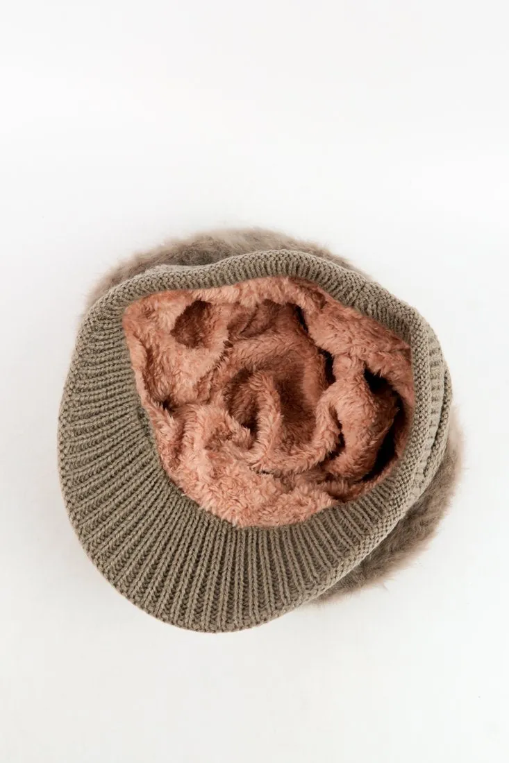 หมวกไหมพรมถักขนกระต่าย บุขนด้านใน  - Fleece Lining Winter Rabbit Hair Kintted Cap with Visor
