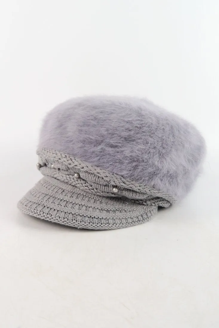 หมวกไหมพรมถักขนกระต่าย บุขนด้านใน  - Fleece Lining Winter Rabbit Hair Kintted Cap with Visor