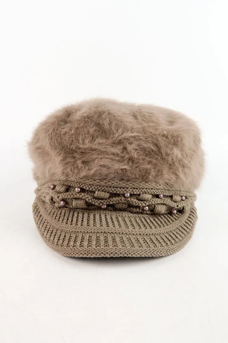 หมวกไหมพรมถักขนกระต่าย บุขนด้านใน  - Fleece Lining Winter Rabbit Hair Kintted Cap with Visor