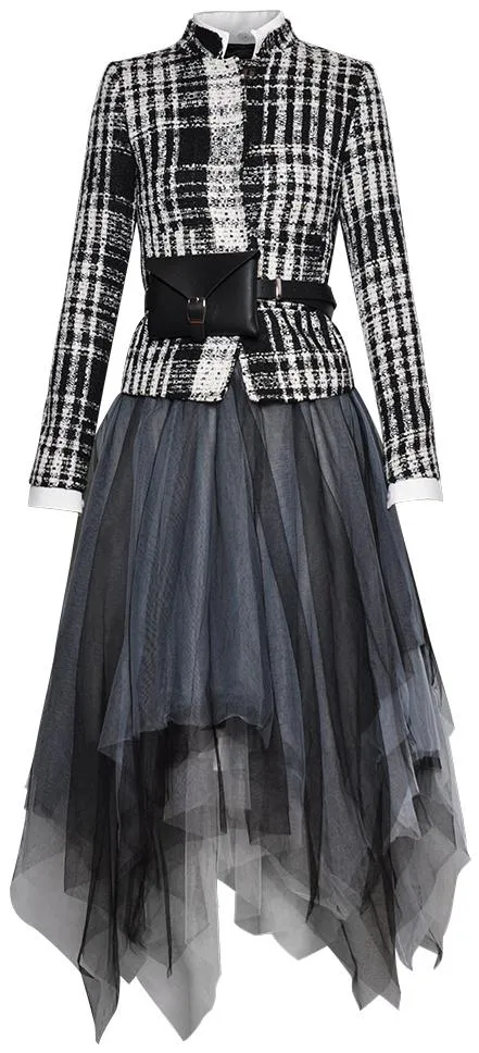 3 Pc Tweed Jacket, Belt Bag and Asymmetrical Mesh Skirt