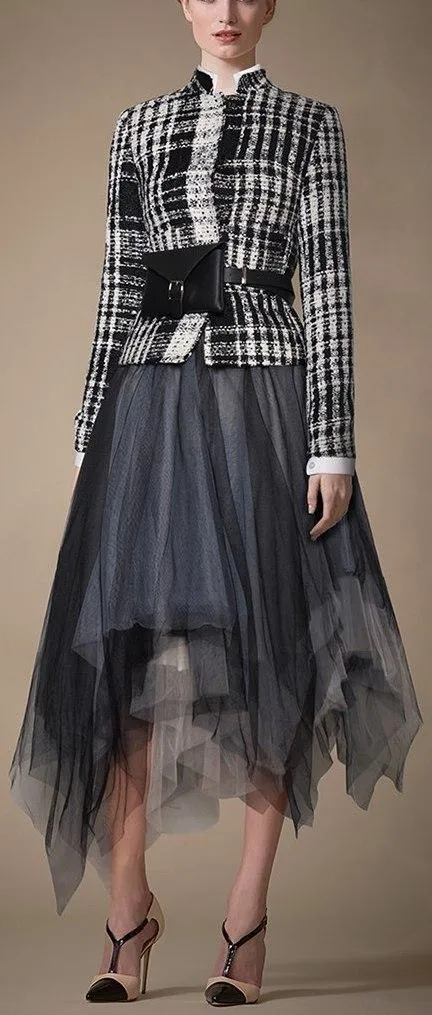 3 Pc Tweed Jacket, Belt Bag and Asymmetrical Mesh Skirt