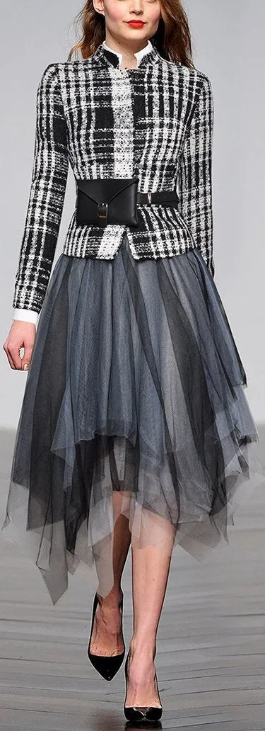 3 Pc Tweed Jacket, Belt Bag and Asymmetrical Mesh Skirt