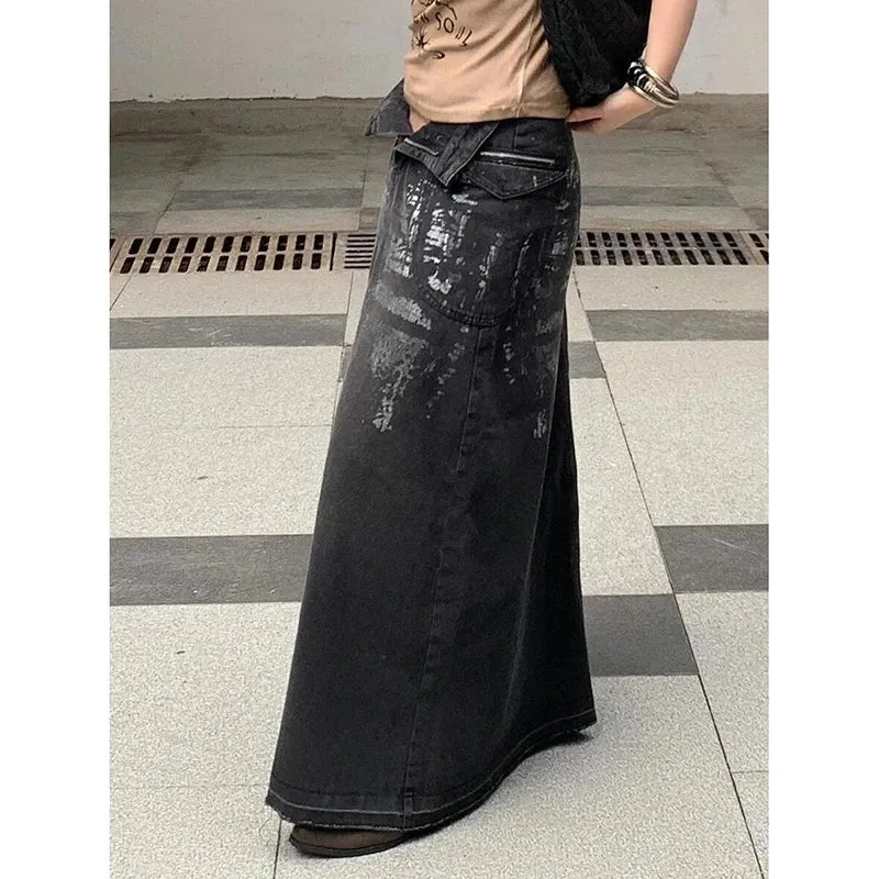 Elegant High-Waisted Silver Denim A-line Burr Edge Spliced Bottom