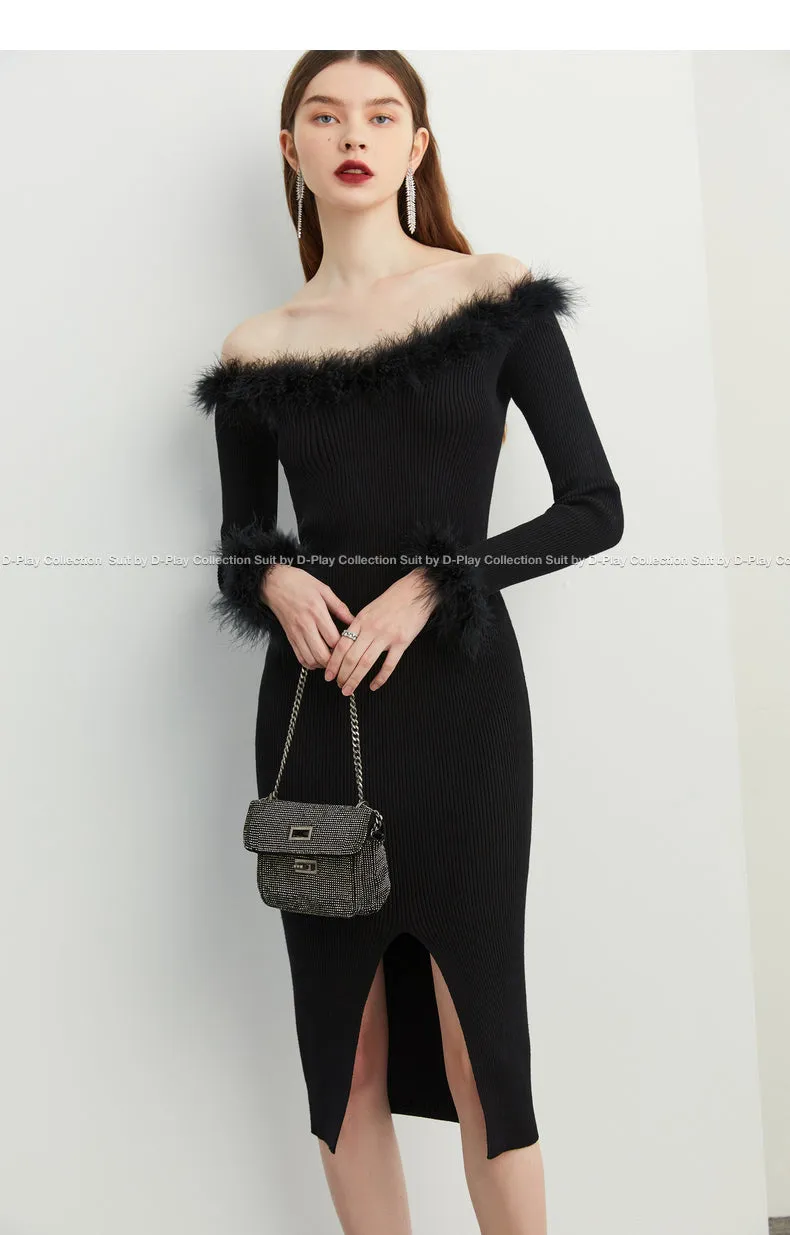 Fall autumn sexy off-shoulder classic black feather top dress - Iwa