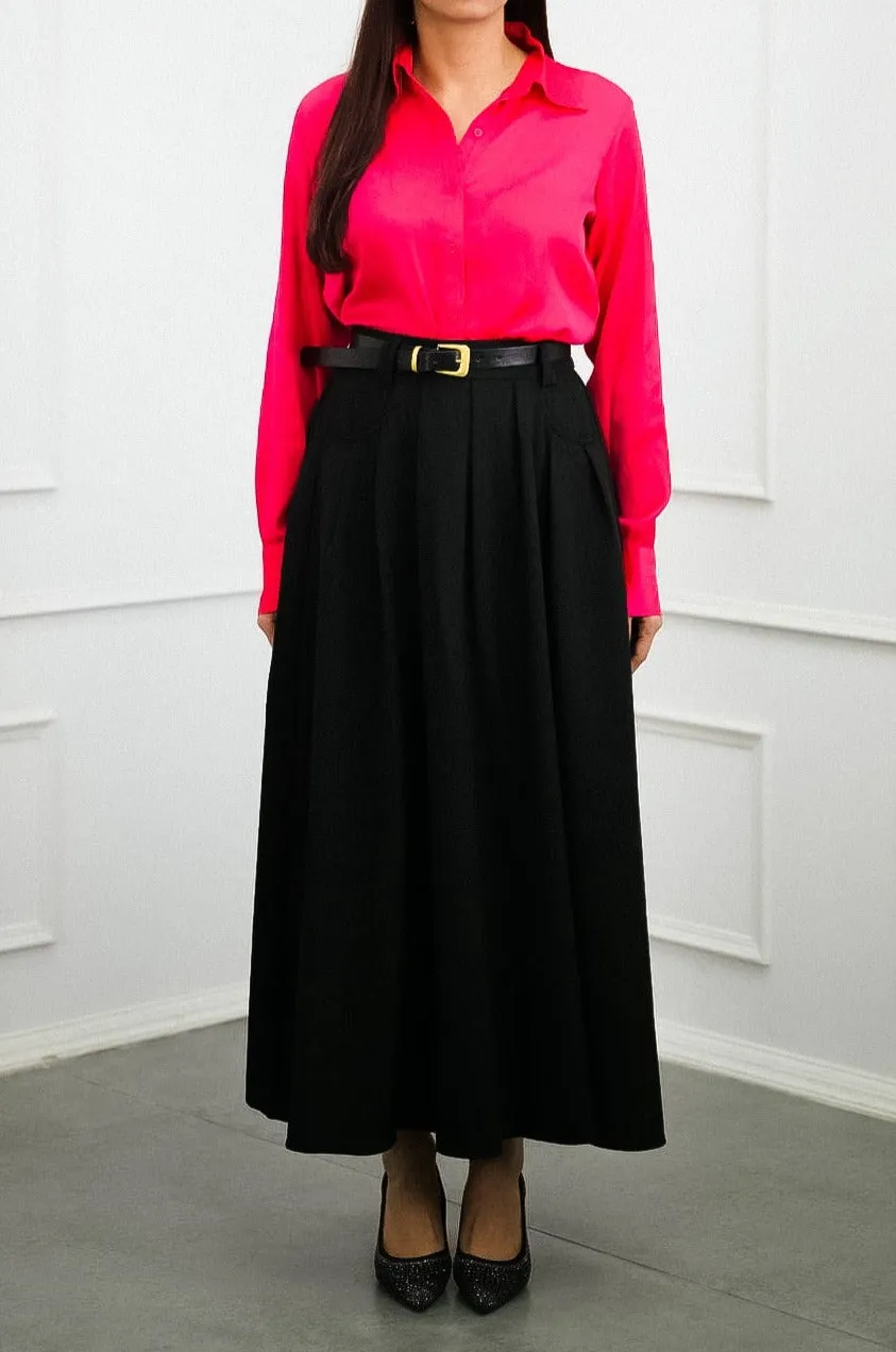Infinite Black Long Pleated Skirt with Belt