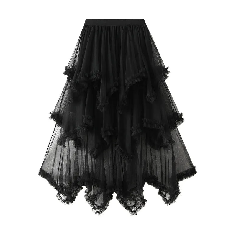 Irregular Mesh Cake Skirt Mid-length High Waist Fluffy Fairy Skirt 749