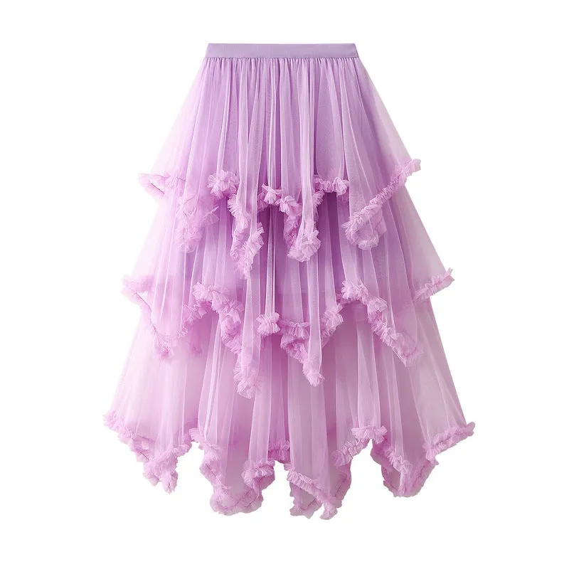 Irregular Mesh Cake Skirt Mid-length High Waist Fluffy Fairy Skirt 749