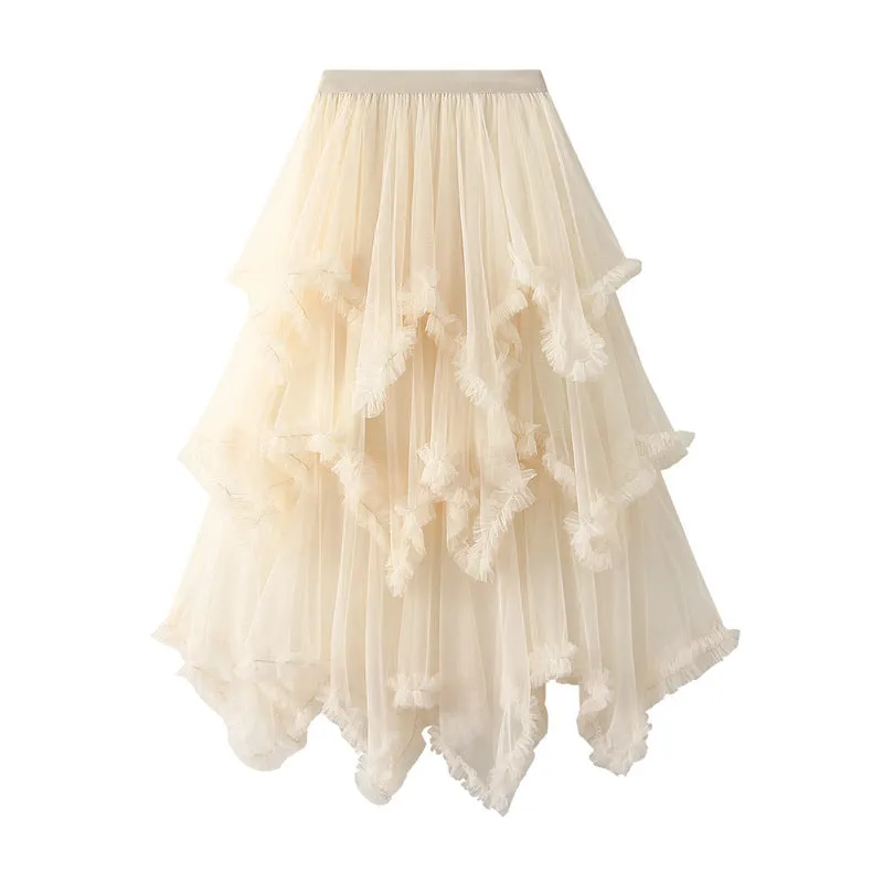 Irregular Mesh Cake Skirt Mid-length High Waist Fluffy Fairy Skirt 749