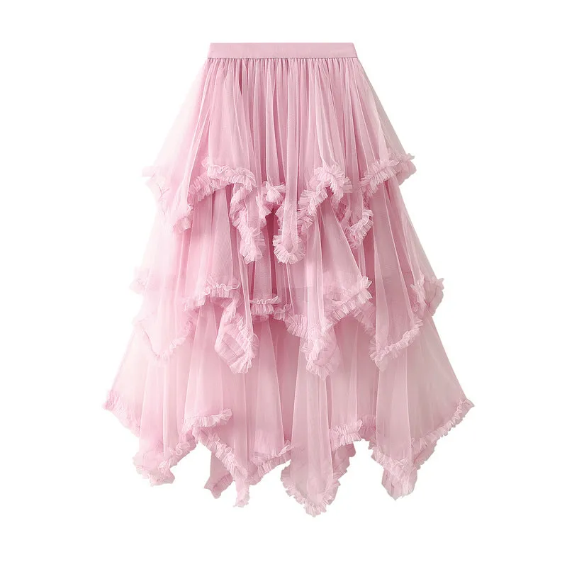 Irregular Mesh Cake Skirt Mid-length High Waist Fluffy Fairy Skirt 749