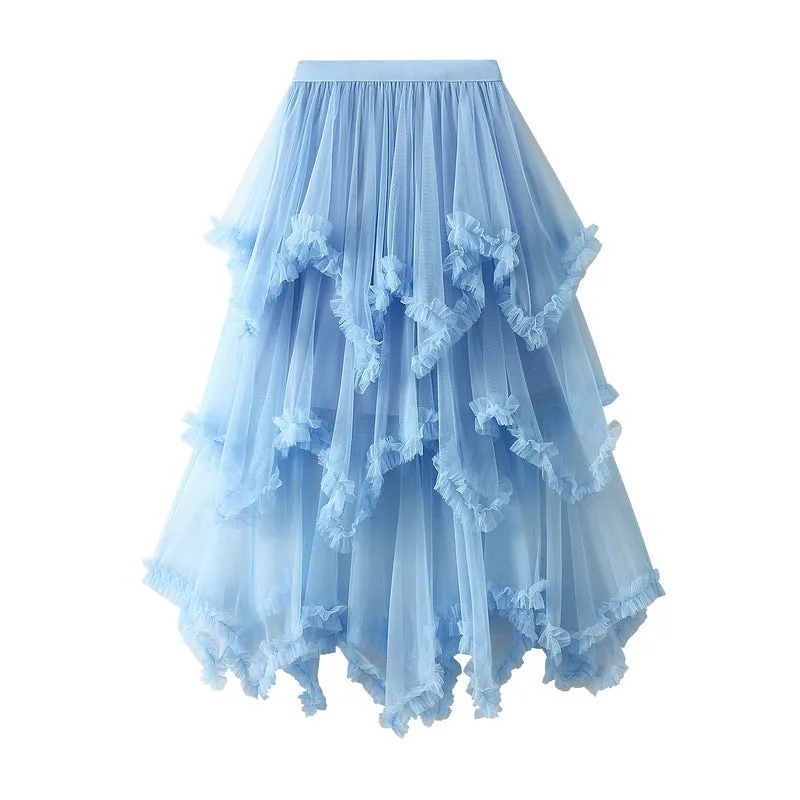 Irregular Mesh Cake Skirt Mid-length High Waist Fluffy Fairy Skirt 749