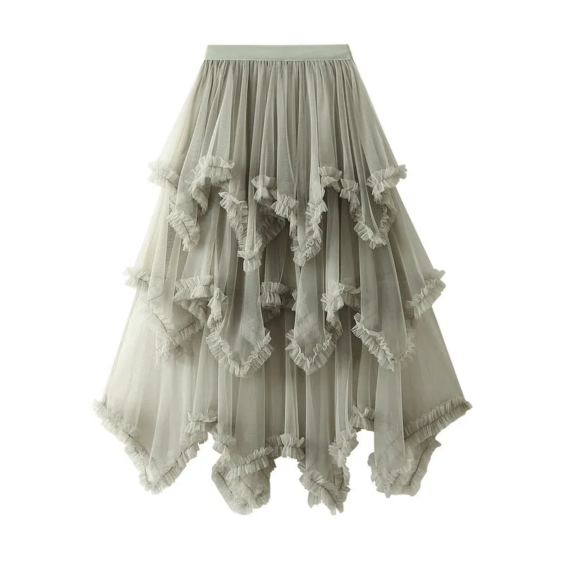 Irregular Mesh Cake Skirt Mid-length High Waist Fluffy Fairy Skirt 749