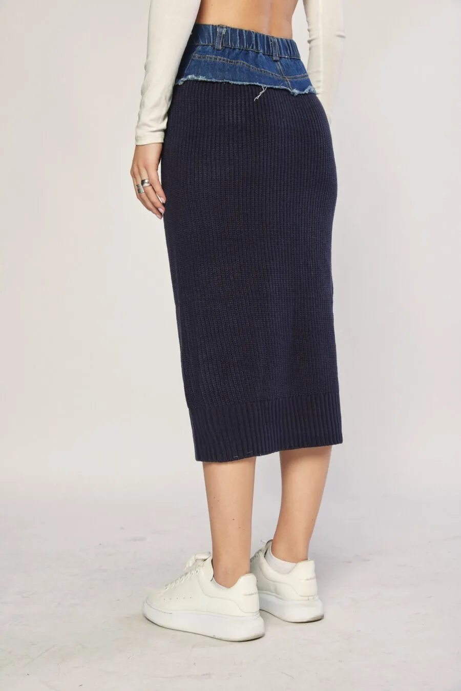 Navy knitted and denim skirt | HALF KNIT MIDI SKIRT