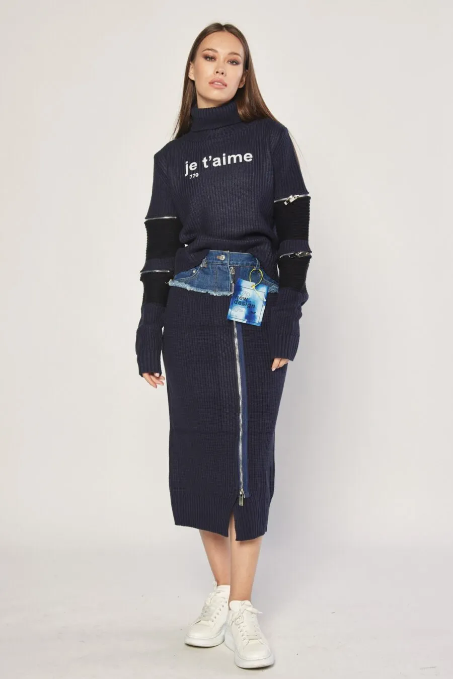 Navy knitted and denim skirt | HALF KNIT MIDI SKIRT