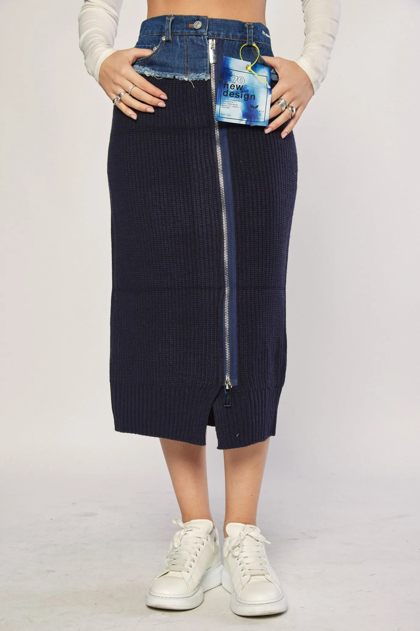 Navy knitted and denim skirt | HALF KNIT MIDI SKIRT