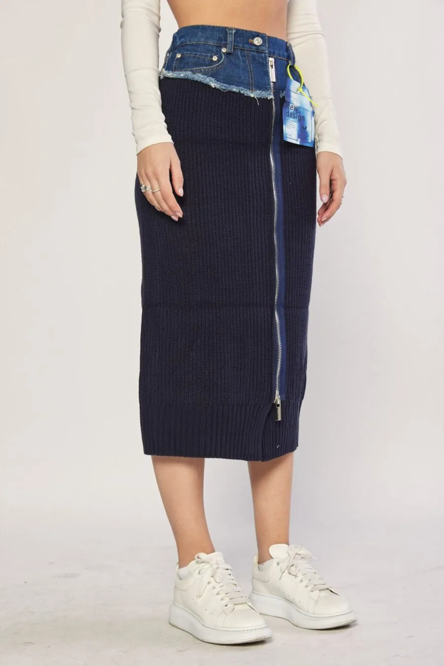 Navy knitted and denim skirt | HALF KNIT MIDI SKIRT