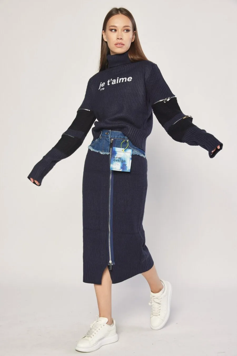 Navy knitted and denim skirt | HALF KNIT MIDI SKIRT