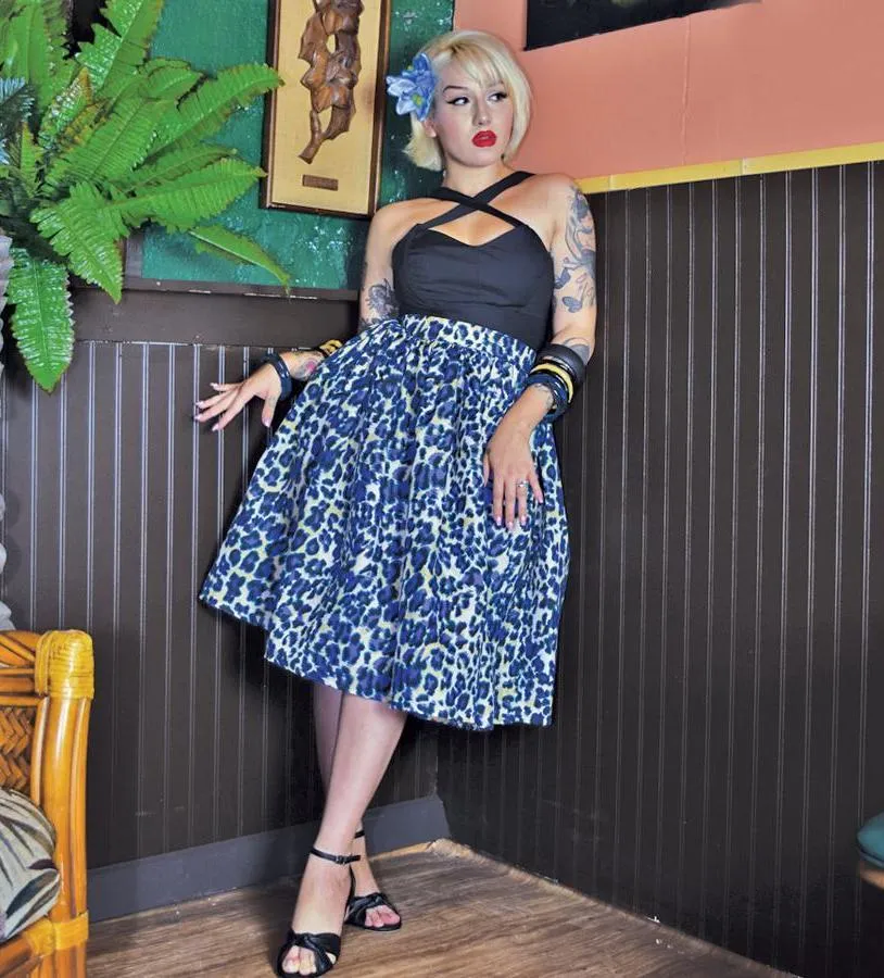 "Final Sale" Jungle Leopard Deluxe Beverly Gathered Skirt in Blue