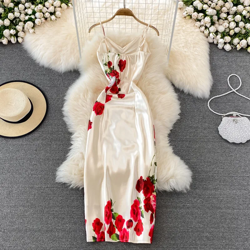 Summer Spaghetti Strap Satin Floral Dress Evening Dress Skirt 1429