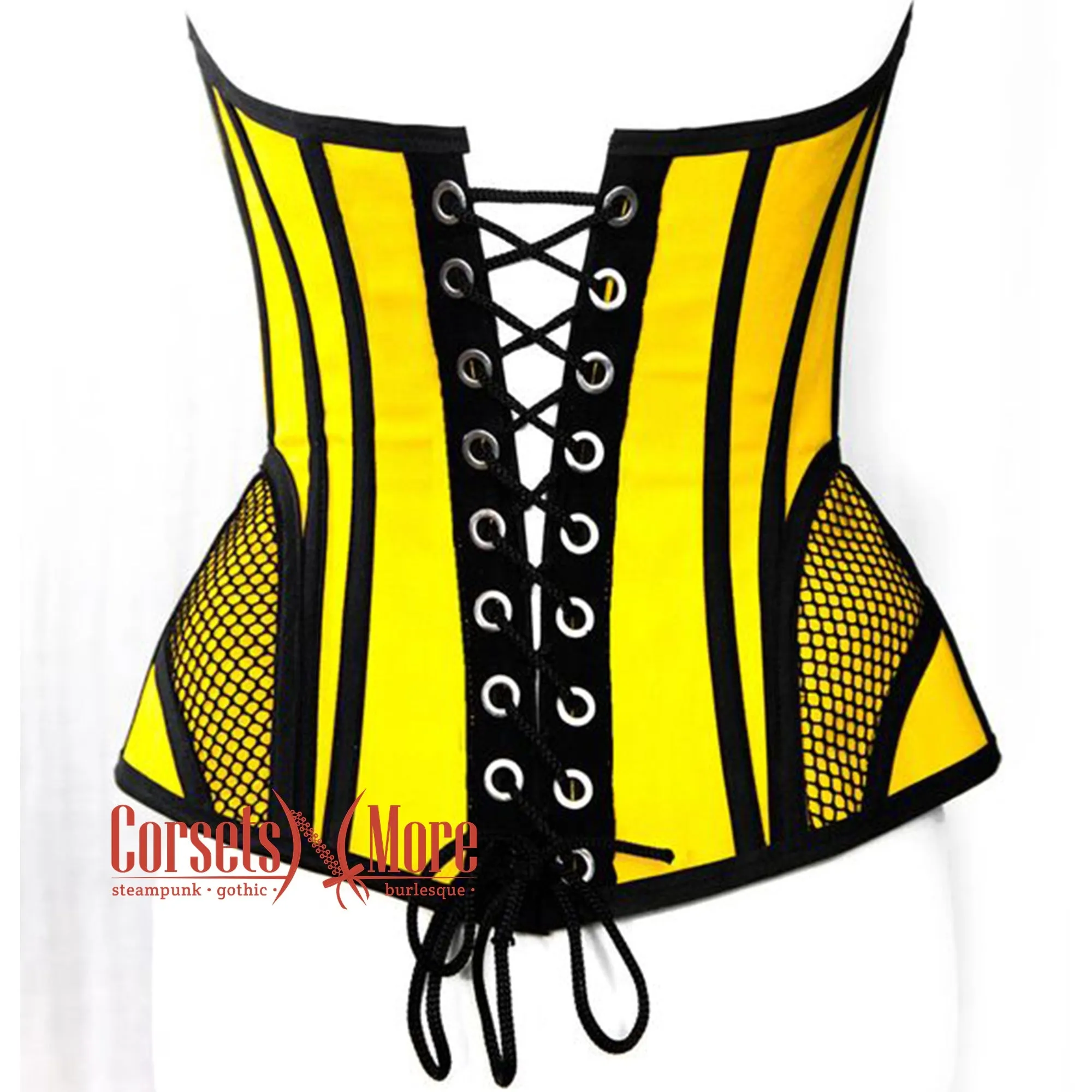 Yellow Satin black mesh Zipper Steampunk Costume Overbust Corset