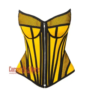 Yellow Satin black mesh Zipper Steampunk Costume Overbust Corset