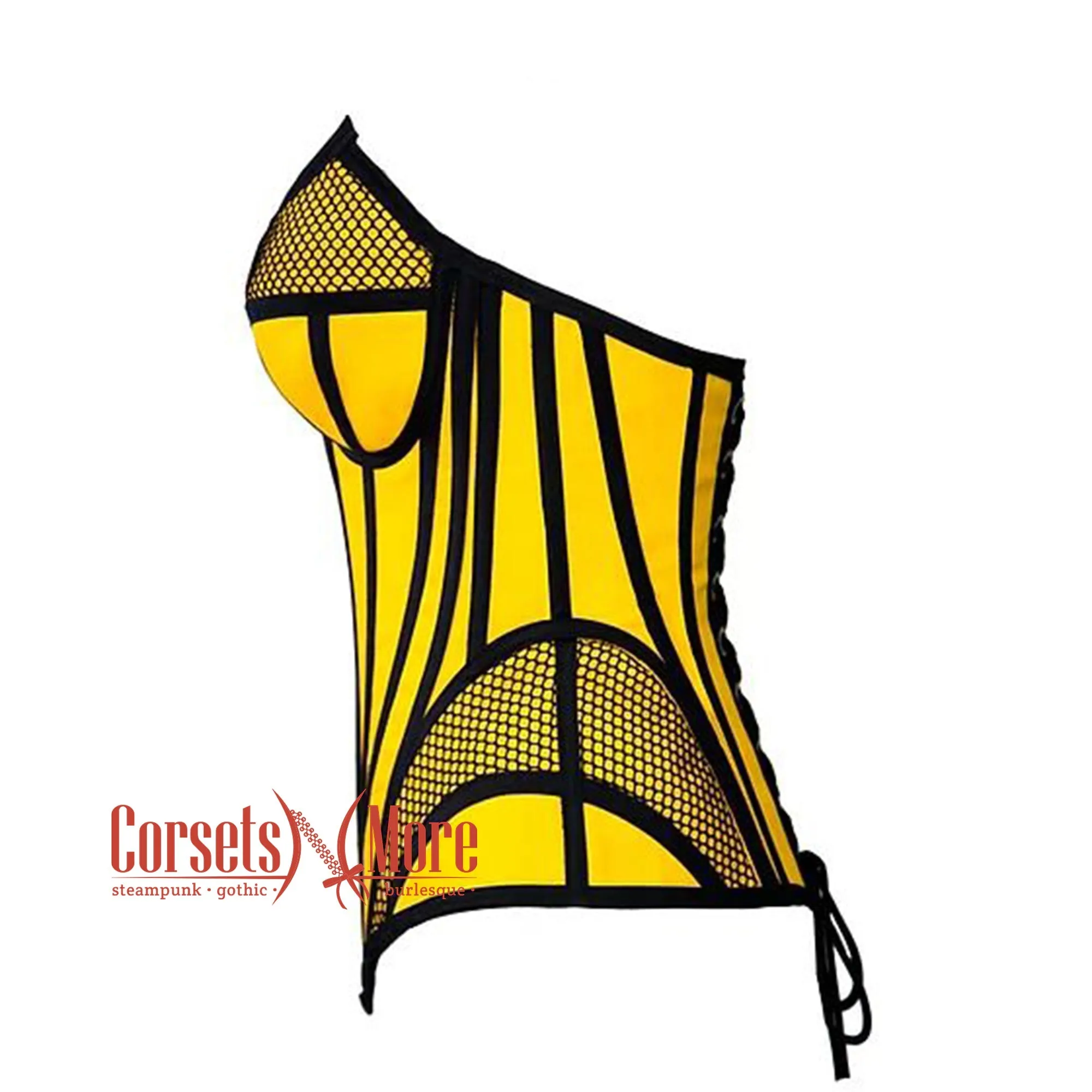 Yellow Satin black mesh Zipper Steampunk Costume Overbust Corset