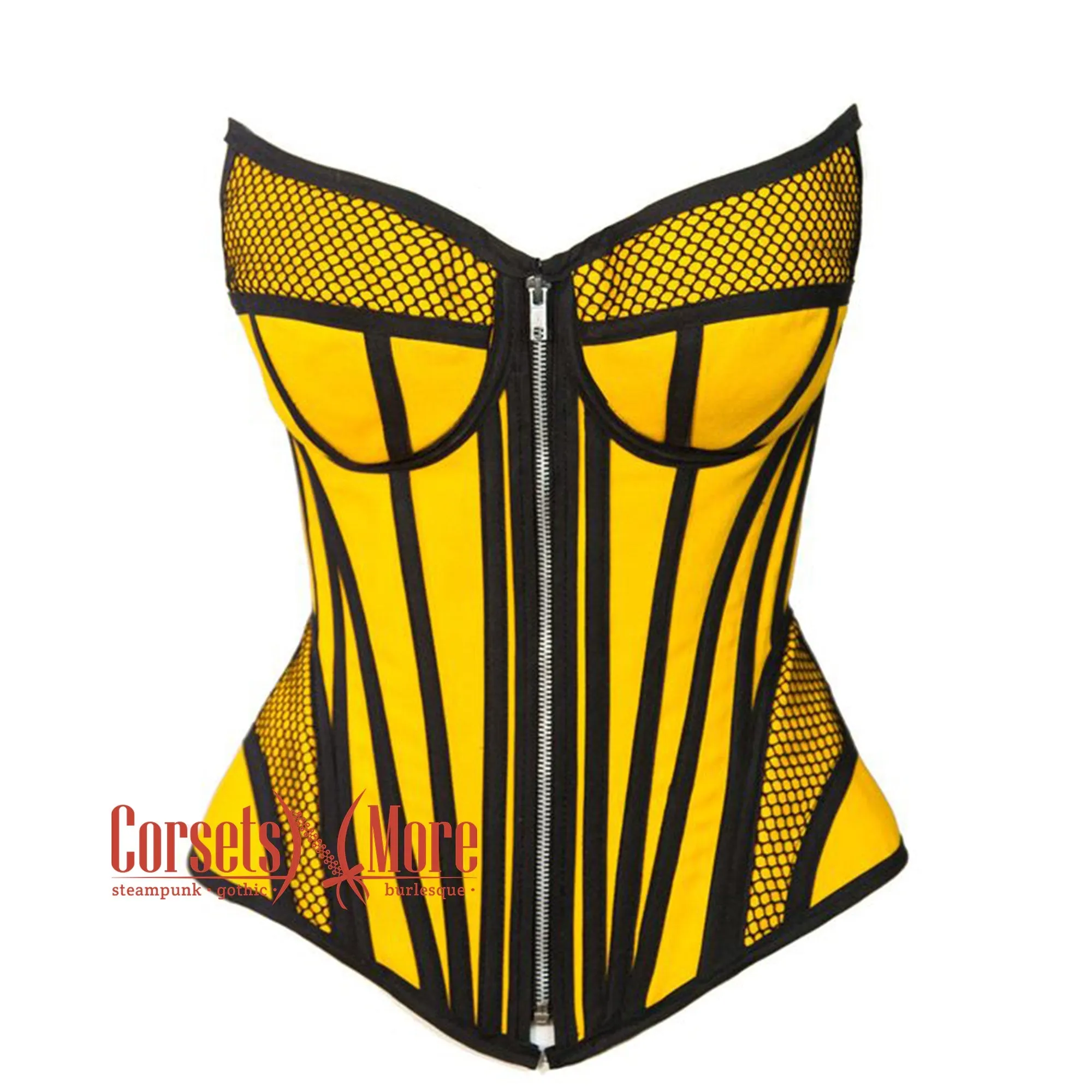 Yellow Satin black mesh Zipper Steampunk Costume Overbust Corset